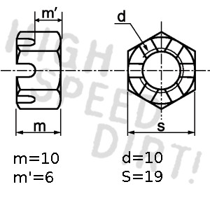 Drawing Lonestar # 60-NM021 castle nut M10x 1.25 Yamaha Suzuki LTR450 LTZ400 2005 up fits Ball Joints 21P00500S 21P00500Y